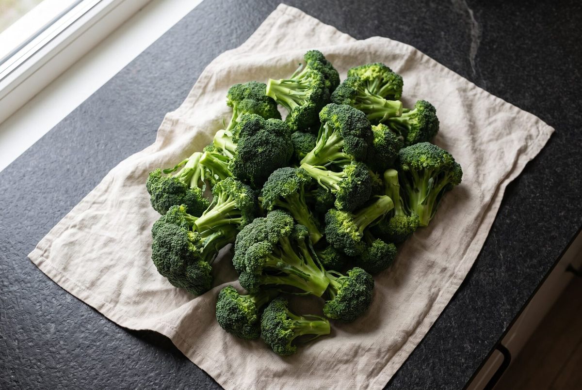 Raw broccoli florets heaped on a linen cloth, seen from above.