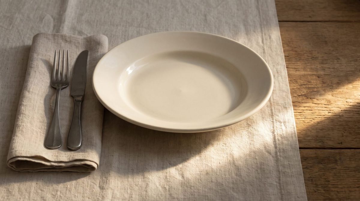 An empty white plate with a knife and fork on a folded napkin, on a wooden table.