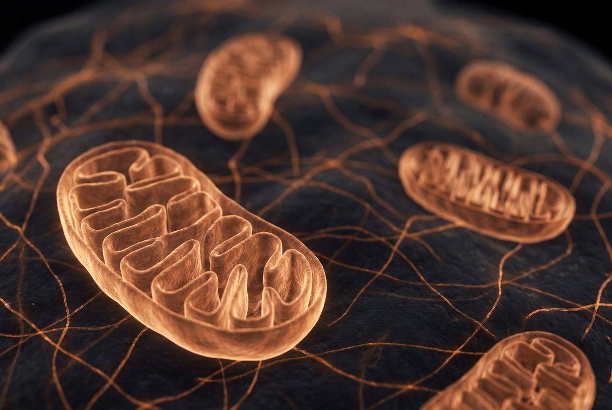Illustration of mitochondria, oval structures with folded inner membranes, glowing orange on a dark background.