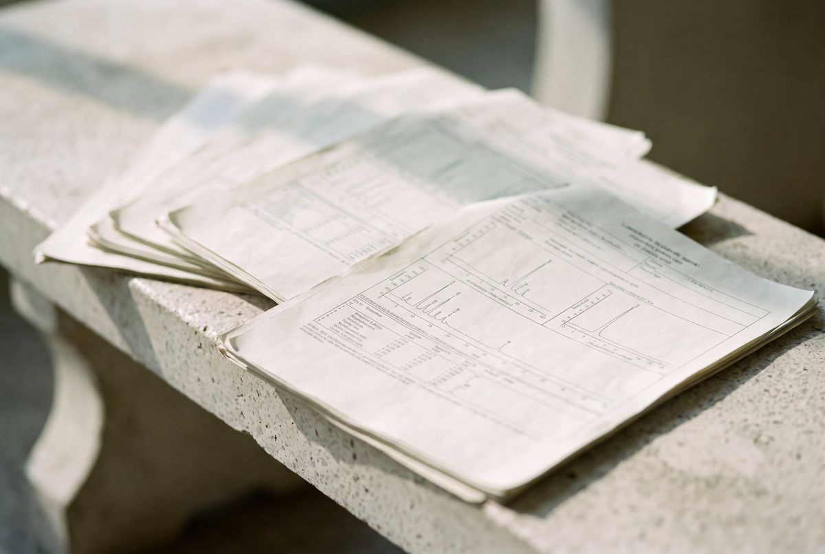 Illustrative image: a stack of printed laboratory reports fanned out on a stone ledge.