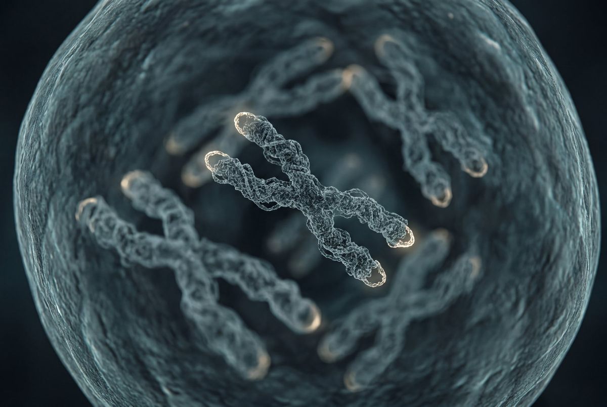 Illustration of chromosomes inside a cell nucleus, with their tips highlighted.